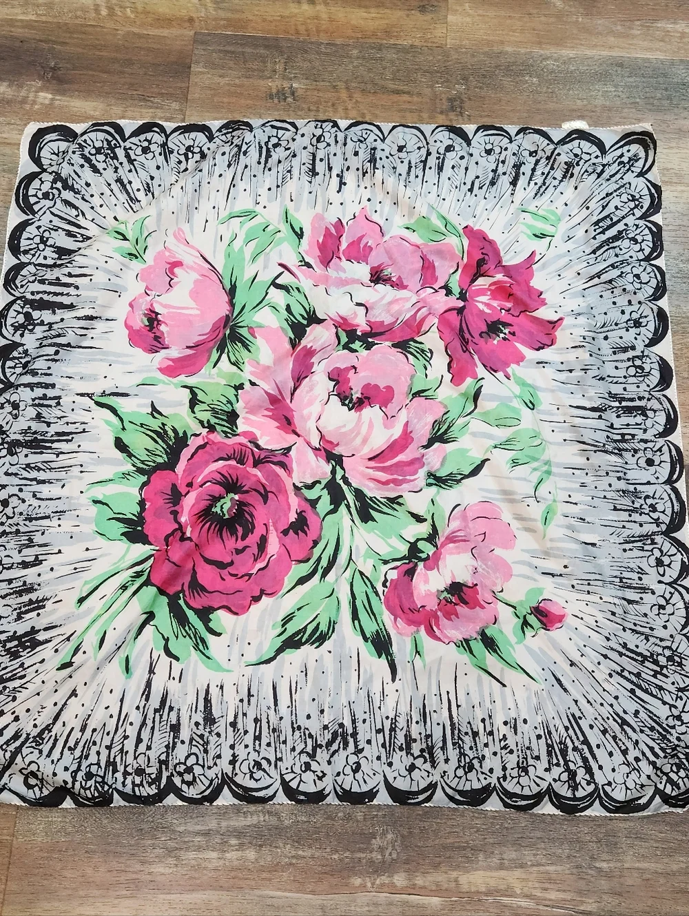 VTG Mid Centuy 100% Silk Scarf 35” Square Pink Floral Rose Peony Lace Print